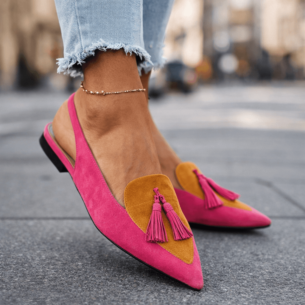 Adéla | Elegantní bicolor dámské muly s trendy bambulkami
