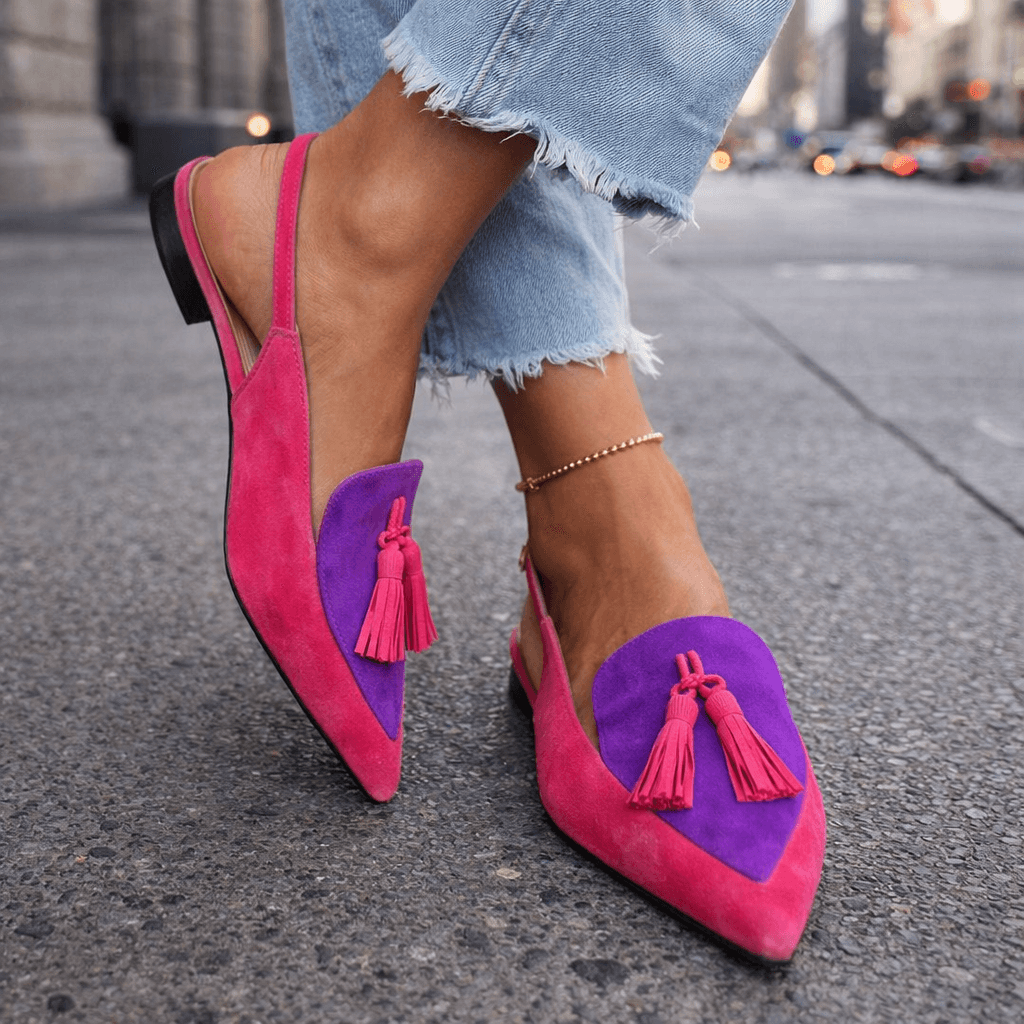 Adéla | Elegantní bicolor dámské muly s trendy bambulkami