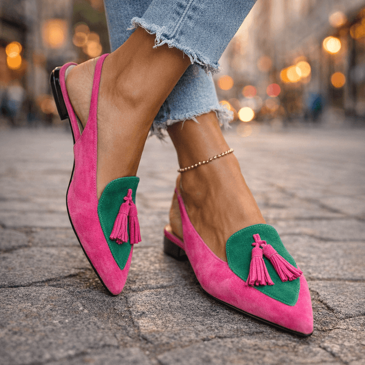 Adéla | Elegantní bicolor dámské muly s trendy bambulkami