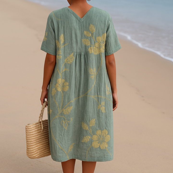 NELA | Modro-šedé šaty s květinovou výšivkou